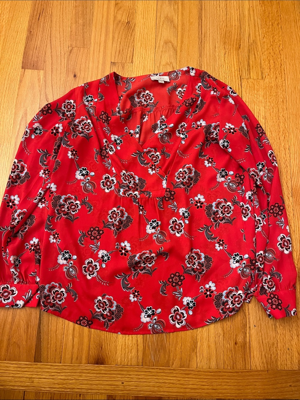 LOFT Red Floral V-Neck Blouse with Black & White Accents